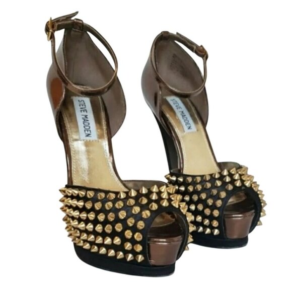 Steve Madden Obstcl-S Black Bronze Studded Peep Toe Heels Gold Spikes Womens 7M